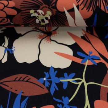 Baumwoll Stretch-Satin Bloom - bunte Blüten auf Schwarzblau